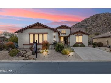 Single-story home with desert landscaping, two-car garage, and mountain views at 31538 N Larkspur Dr, San Tan Valley, AZ 85143