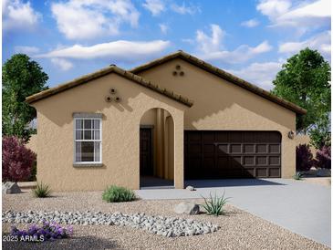 Tan house with brown garage door and desert landscaping at 13151 E Verbina Ln, Florence, AZ 85132