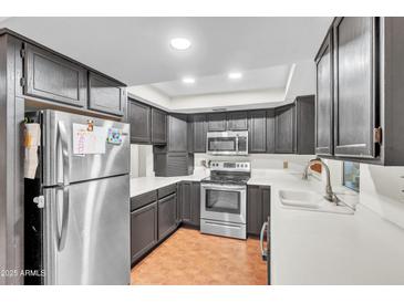 Galley kitchen with dark cabinets, stainless steel appliances, and white countertops at 526 N Hobson Plz, Mesa, AZ 85203