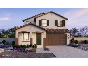 Two-story house with brown garage door and landscaping at 43400 N Wollemi St, Queen Creek, AZ 85140