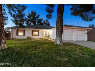 Ranch style home with 2-car garage, mature trees, and well-manicured lawn at 10242 E Spring Creek Rd, Sun Lakes, AZ 85248