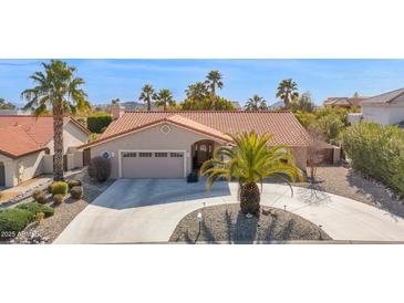 Single-story home with tile roof, palm trees, and a long driveway at 15429 E Palomino Blvd, Fountain Hills, AZ 85268