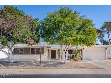 Charming single-story home featuring mature trees, desert landscaping, and a two-car garage at 11008 W Cherry Hills W Dr, Sun City, AZ 85351