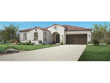 Single-story home with Spanish-style architecture, two-car garage, and landscaped front yard at 3390 W Sunstone Dr, San Tan Valley, AZ 85144