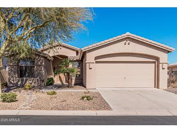 Charming single-story home featuring a two-car garage and low maintenance desert landscaping at 9746 E Coopers Hawk Dr, Sun Lakes, AZ 85248