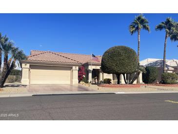 Single-story home with desert landscaping, two-car garage, and palm trees at 14226 W Via Montoya --, Sun City West, AZ 85375