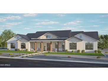 Inviting home features a light stone facade, dark roof, and a cozy front porch with wooden support beams at 3972 E Hash Knife Draw Rd # P, San Tan Valley, AZ 85140