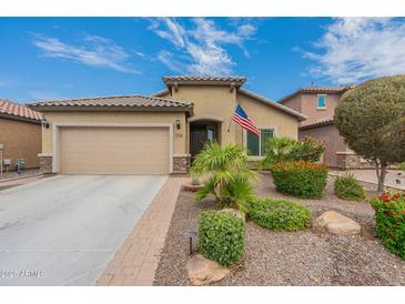 Single-story house with a two-car garage, landscaping, and American flag at 10834 W Swayback Pass, Peoria, AZ 85383