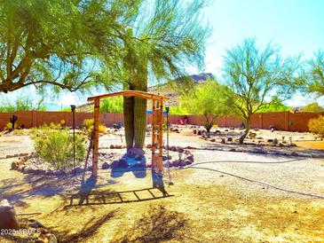 Landscaped backyard with desert plants, a wooden arbor, and a pathway at 44311 N 1St Dr, New River, AZ 85087