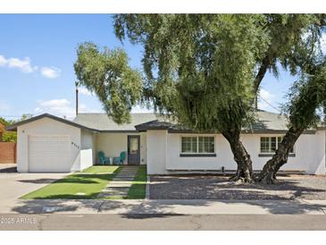 Charming single-story home with a well-manicured lawn and mature shade tree at 8312 E Mackenzie Dr, Scottsdale, AZ 85251