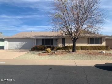 Charming single-story home featuring a well-maintained front yard and a spacious two-car garage at 9834 W Emberwood Dr, Sun City, AZ 85351