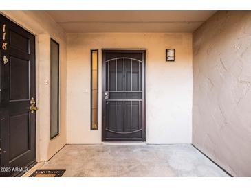 Inviting front entrance with security door, modern light fixture, and contemporary design at 9270 E Mission Ln # 117, Scottsdale, AZ 85258