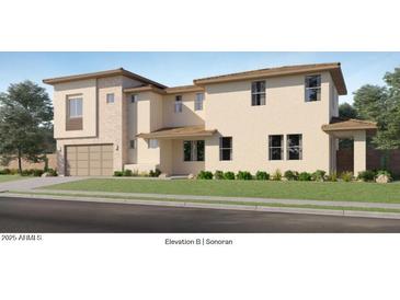 Two-story house with beige exterior, stone accents, and a two-car garage at 10154 E Ursula Ave, Mesa, AZ 85212