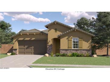 One-story home with brown garage doors and stone accents at 8030 E Palm Ln, Mesa, AZ 85212