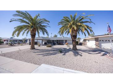 Charming home with desert landscaping, mature palm trees, and an American flag waving in front at 10906 W Boswell Blvd, Sun City, AZ 85373