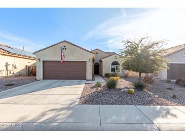 One-story home with brown garage door, landscaped yard, and American flag at 2303 N General Dr, Florence, AZ 85132