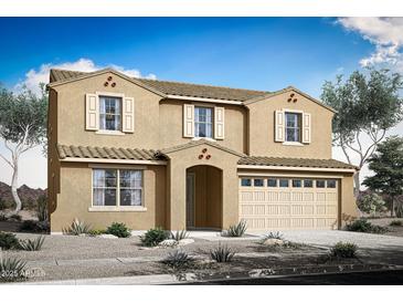 Two-story house with beige exterior, white trim, and a two-car garage at 24224 W Agora Ln, Buckeye, AZ 85326