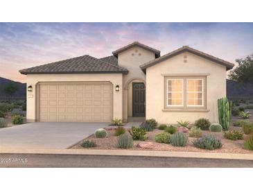One-story home with desert landscaping, attached garage, and light-colored exterior at 18169 E Bronco Dr, Queen Creek, AZ 85142