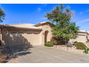 Inviting single-story home with a well-manicured front yard and a convenient two-car garage at 19850 N 110Th Ln, Peoria, AZ 85373