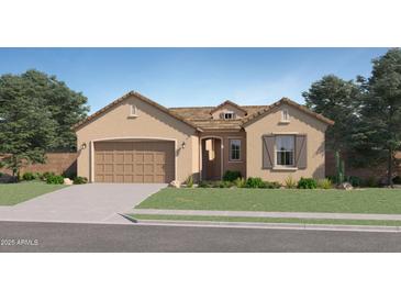 Single-story home with tan exterior, brown roof, and a 3-car garage at 15056 W Gray Fox Trl, Surprise, AZ 85387