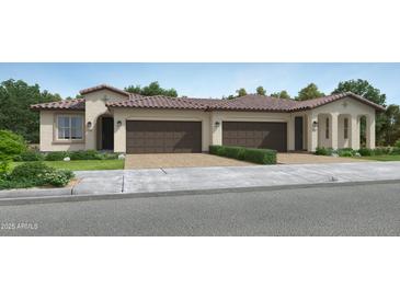 Two-story stucco home with brown garage doors and landscaping at 17399 W Whispering Wind Dr, Surprise, AZ 85387