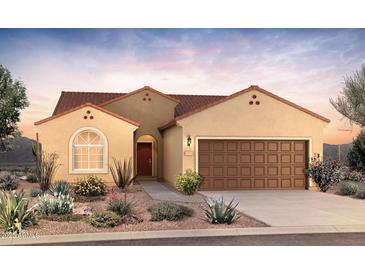 One-story home with desert landscaping, brown garage door, and Spanish-style tile roof at 6383 W Georgetown Way, Florence, AZ 85132