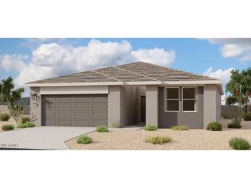 Single-story home with gray exterior, a two-car garage, and landscaping at 46820 W Cansados Rd, Maricopa, AZ 85139