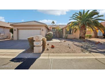 Charming single-story home with desert landscaping, palm tree, and a welcoming front entrance at 9429 E Nacoma Dr, Sun Lakes, AZ 85248