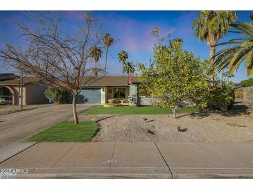 Charming single-story home with well-maintained landscaping, gravel yard, and a blue garage door at 556 W Kiva Ave, Mesa, AZ 85210