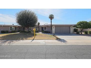 Charming single-story home with mature landscaping and a well-maintained front yard at 10461 W Loma Blanca Dr, Sun City, AZ 85351