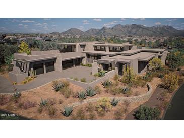 Contemporary home with a spacious driveway and a three-car garage, complemented by desert landscaping and mountain views at 9290 E Thompson Peak Pkwy # 401, Scottsdale, AZ 85255