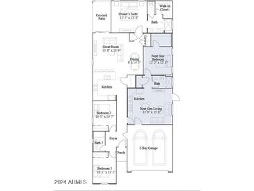 Layout of the home featuring bedrooms, kitchen, great room, dining, and garage spaces at 3205 E Outlaw Ln, San Tan Valley, AZ 85140