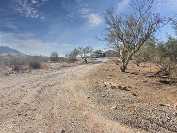 Gravel driveway leading up to a desert home with natural landscaping and mountain views at 48822 N Roughrider Rd, New River, AZ 85087