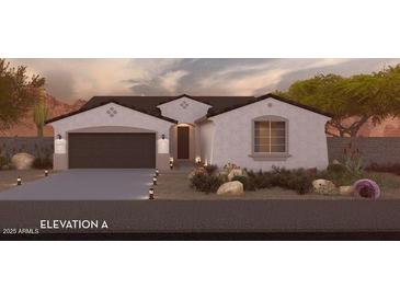 Charming single-story home showcasing a simple landscape design and two-car garage at 36840 W San Clemente St, Maricopa, AZ 85138