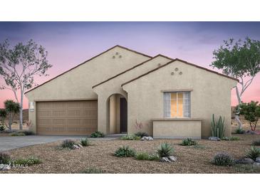 Charming single-story home showcasing a desert-landscaped front yard, a covered entryway, and a two-car garage at 42850 W Palo Abeto Dr, Maricopa, AZ 85138