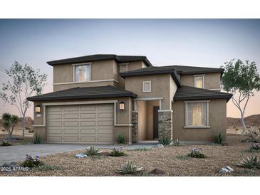 Two-story stucco home with a desert landscape, stone accents, and a spacious two-car garage at 42860 W Palo Abeto Dr, Maricopa, AZ 85138