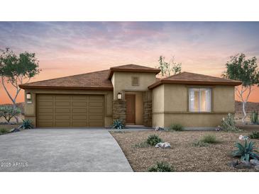 Charming single-story home showcasing a stone-accented entrance, neutral color palette, and a well-manicured desert landscape at 42965 W Palo Abeto Dr, Maricopa, AZ 85138