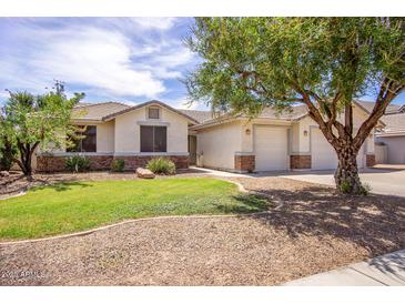 Charming single-story home featuring a well-manicured lawn and desert landscaping at 20329 E Bronco Dr, Queen Creek, AZ 85142