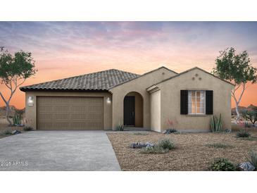 Charming single-story home with neutral stucco, tile roof, and desert landscaping at 42900 W Palo Abeto Dr, Maricopa, AZ 85138