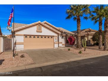 Charming single-story home featuring a two-car garage, desert landscaping, and mature palm trees at 3354 N 157Th Ave, Goodyear, AZ 85395