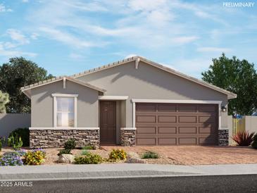 Charming single-story home with a two-car garage, stone accents, and desert landscaping at 4340 W Jeanette Ln, San Tan Valley, AZ 85144