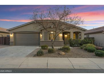 Charming single-story home with a two-car garage and a well-maintained front yard at 123 W Sweet Shrub Ave, San Tan Valley, AZ 85140