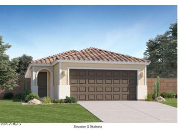 Charming single-story home with a two-car garage, tiled roof, and manicured lawn at 11942 E Primrose Ln, Florence, AZ 85132