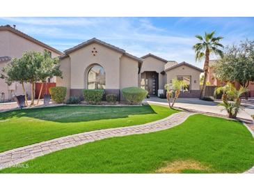 Charming single-story home with a well-manicured lawn, paved walkway, and mature trees at 3095 E Cardinal Ct, Chandler, AZ 85286