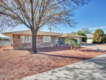 Charming brick home featuring a well-manicured yard with desert landscaping and mature tree at 9313 W Arrowhead Dr, Sun City, AZ 85351