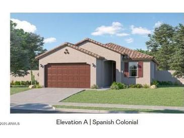 Charming single-story Spanish Colonial home with a brown garage door and well-manicured lawn at 37995 N Stillmeadow Rd, San Tan Valley, AZ 85140