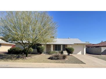 Charming single-story home featuring a well-manicured front yard, mature landscaping, and an attached one-car garage at 19601 N 99Th Dr, Sun City, AZ 85373