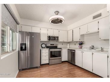 Bright kitchen features stainless steel appliances, white cabinetry, and wood-look flooring at 2442 E University Dr # 6, Mesa, AZ 85213
