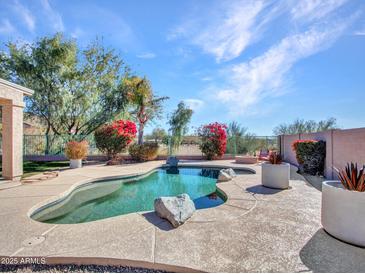 Inviting backyard pool area surrounded by lush landscaping and decorative rocks at 4215 W Reddie Loop, Phoenix, AZ 85083