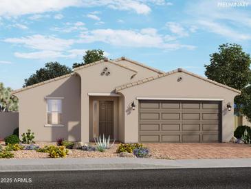 A charming single-story home showcasing a neutral color palette, desert landscaping, and a two-car garage at 4249 W Hannah St, San Tan Valley, AZ 85144